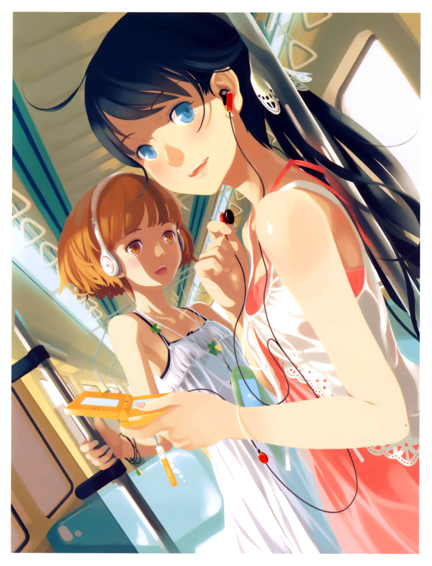 2girls absurdres bare_shoulders black_hair blue_eyes brown_eyes brown_hair dress dutch_angle earbuds earphones handheld_game_console headphones highres long_hair looking_at_viewer multiple_girls nintendo_ds nintendo_dsi original photoshop_(medium) ponytail scan short_hair single_earphone_removed smile train_interior vofan white_dress wristband