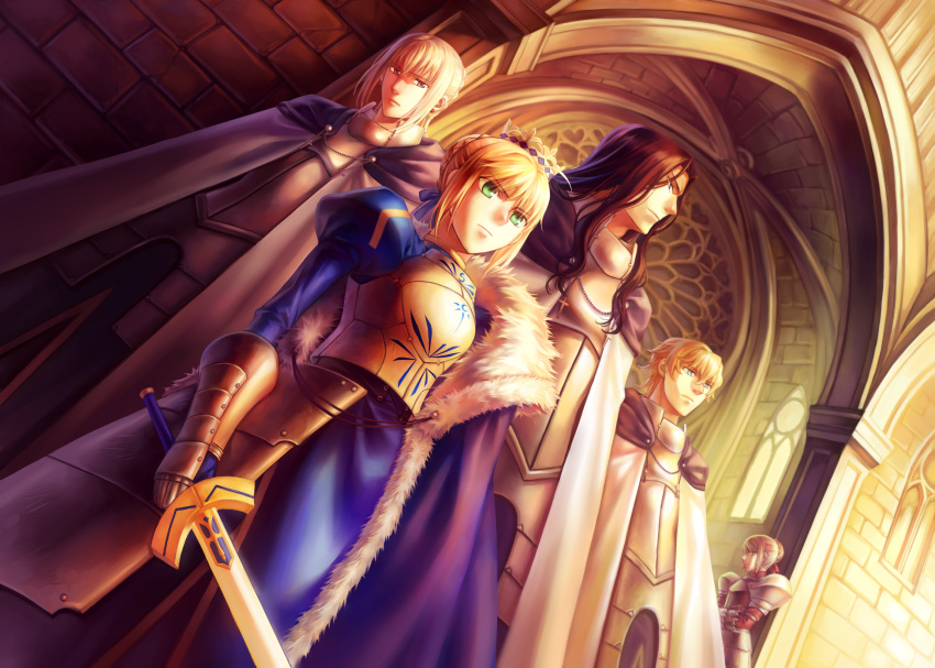 2girls 3boys ahoge armor armored_dress artoria_pendragon_(fate) bad_id bad_pixiv_id bedivere_(fate) blonde_hair blue_eyes cape crown dress excalibur_(fate/stay_night) fate/apocrypha fate/extra fate/stay_night fate/zero fate_(series) gawain_(fate) green_eyes hair_bun hair_ribbon highres juliet_sleeves kanmuri_(hanyifan30338) lancelot_(fate/zero) long_hair long_sleeves mordred_(fate) mordred_(fate/stay_night) multiple_boys multiple_girls photoshop_(medium) puffy_sleeves purple_hair ribbon saber_(fate) short_hair single_hair_bun