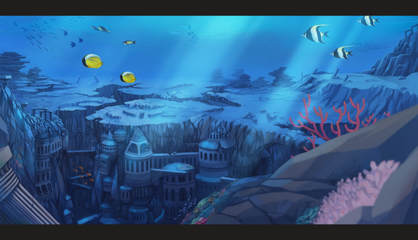 building cityscape commentary_request coral fatima_(74923) fish immersed letterboxed no_humans original ruins scenery sunlight underwater