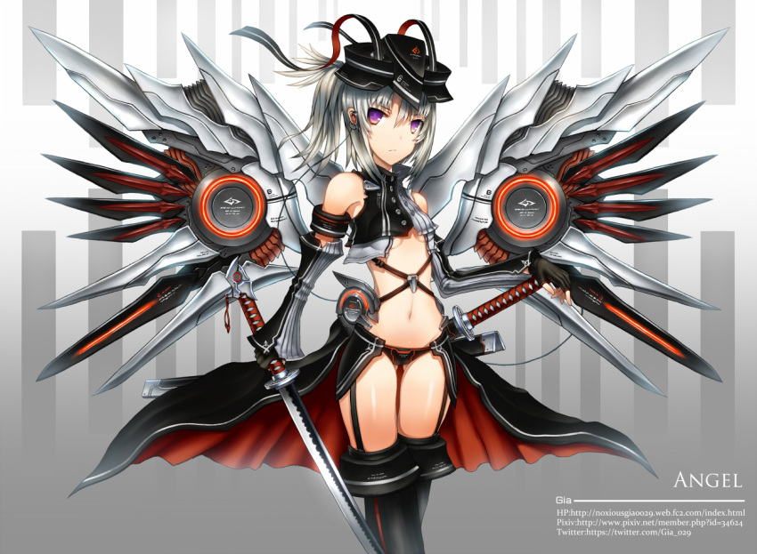 bare_shoulders breasts commentary_request female fingerless_gloves garter_straps gia gloves headphones katana navel original ponytail short_hair silver_hair small_breasts solo sword underboob weapon