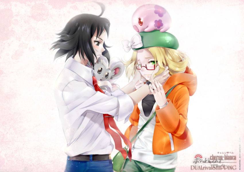 1boy ahoge bad_deviantart_id bad_id bag belt bianca_(pokemon) black_eyes black_hair blonde_hair character_name cheren_(pokemon) copyright_name female green_eyes handbag hat hat_ribbon highres hikarra minccino munna necktie pocket pokemon pokemon_(creature) pokemon_bw2 ribbon watch watermark web_address white_background white_ribbon wristwatch