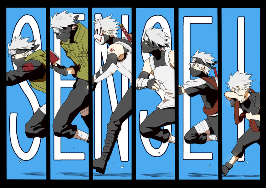 1boy age_progression aged_down bandages book boots commentary_request detached_sleeves fingerless_gloves forehead_protector gloves hatake_kakashi i_(kaiyou) male_focus mask multiple_persona naruto naruto_(series) running sword tattoo tears vest weapon white_hair