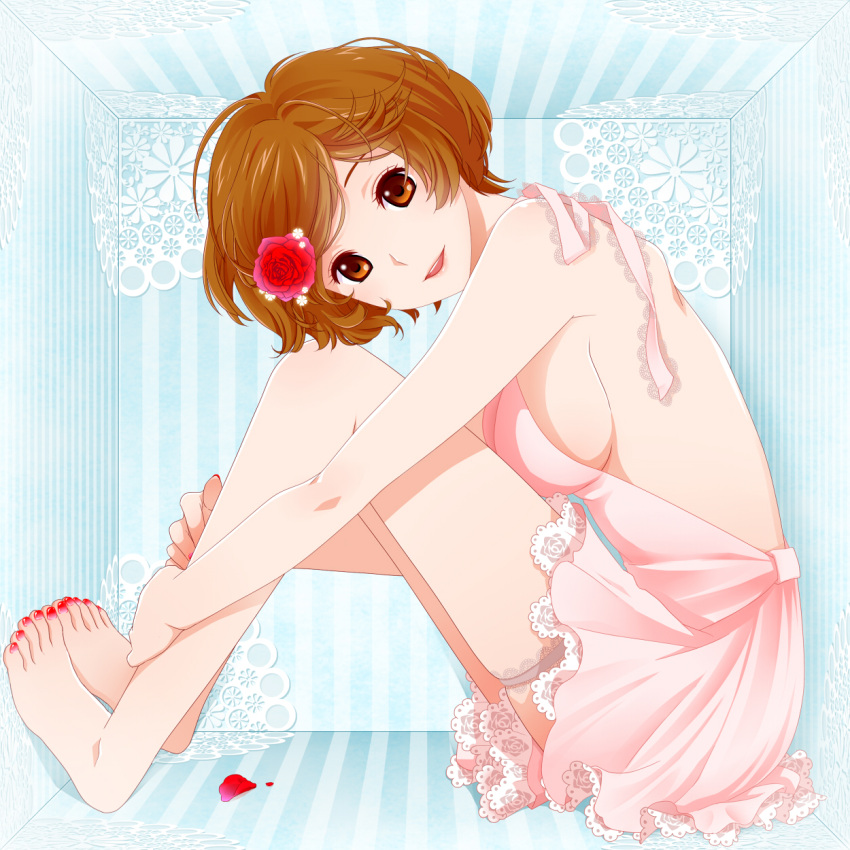 backless_outfit barefoot breasts bridal_garter brown_eyes brown_hair doily feet female flower hair_flower hair_ornament highres hugging_own_legs jirou_(asami0512jump) medium_breasts meiko_(vocaloid) nail_polish petals short_hair sideboob sitting smile solo toenail_polish toenails toes vocaloid