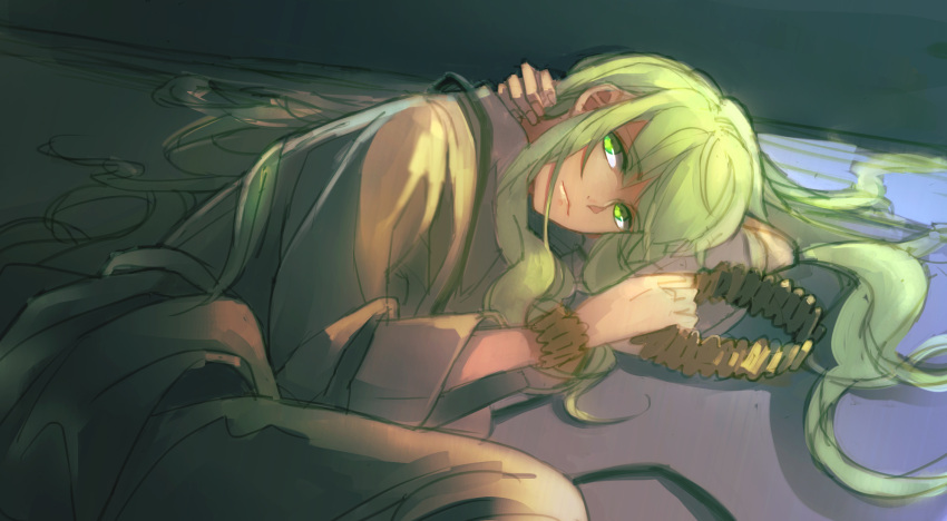 1boy androgynous bracelet commentary_request enkidu_(fate) fate/strange_fake fate_(series) glowing glowing_eyes green_eyes green_hair highres jewelry kkkkilth long_hair male_focus necklace photoshop_(medium) robe solo