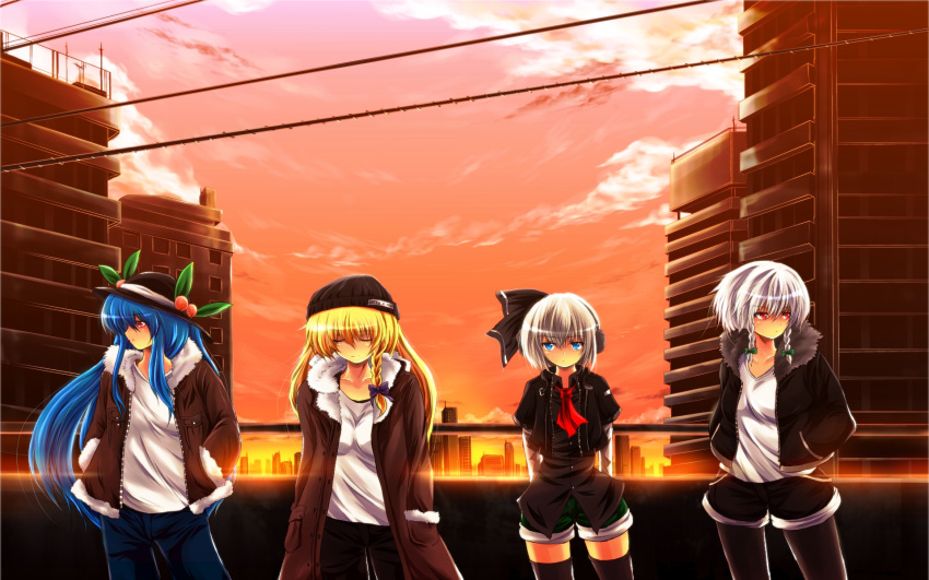 blonde_hair blue_eyes blue_hair bow braids building city clouds gray_hair group headband hinanawi_tenshi izayoi_sakuya kirisame_marisa konpaku_youmu long_hair nekominase pantyhose red_eyes short_hair shorts sky sunset thighhighs touhou white_hair zettai_ryouiki