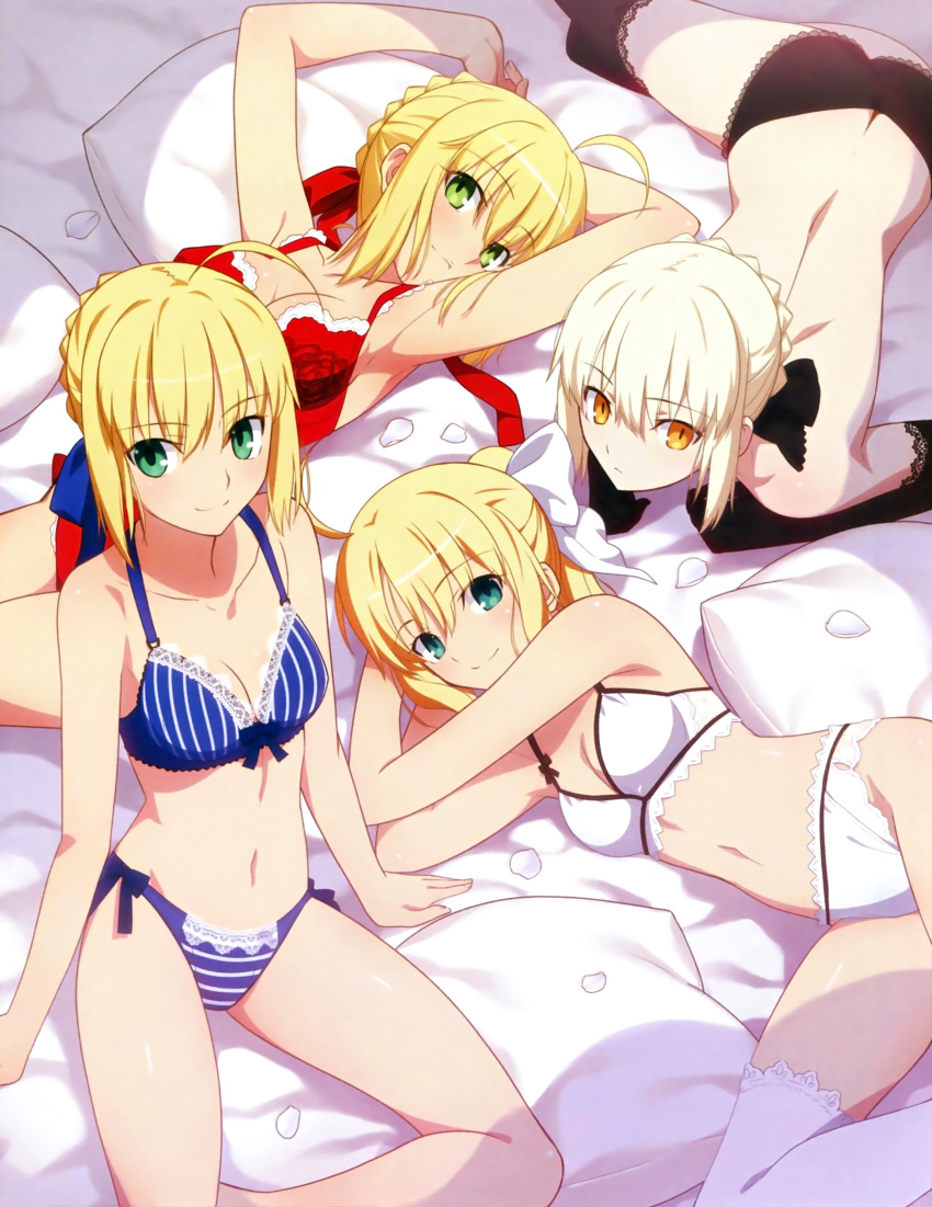 4girls absurdres ahoge alternate_costume alternate_hairstyle arm_support armpits arms_up artoria_pendragon_(fate) ass bed black_gloves black_panties black_thighhighs blonde_hair blue_bra blue_panties bra breasts cleavage elbow_gloves fate/extra fate/stay_night fate/unlimited_codes fate/zero fate_(series) gloves green_eyes hair_bun hair_ribbon highres lace lace-trimmed_legwear lace-trimmed_panties lace_trim lingerie looking_at_viewer lying medium_breasts multiple_girls navel nero_claudius_(fate) nero_claudius_(fate/extra) odd_one_out official_alternate_costume official_art on_side on_stomach panties petals photoshop_(medium) pillow ponytail red_bra ribbon saber_(fate) saber_alter saber_lily scan single_hair_bun sitting smile takeuchi_takashi thighhighs topless underwear underwear_only white_bra white_panties white_thighhighs yellow_eyes