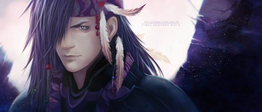 1boy bad_id bad_pixiv_id blue_eyes caius_ballad copyright_name feathers felice final_fantasy final_fantasy_xiii final_fantasy_xiii-2 headband long_hair male_focus photoshop_(medium) purple_hair realistic solo