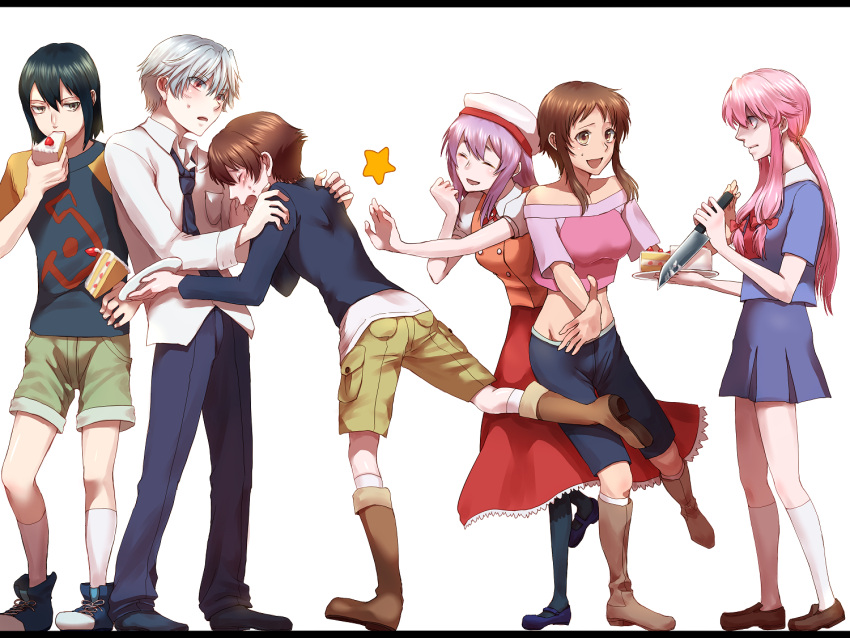 3boys 3girls ^_^ akise_aru amano_yukiteru bare_shoulders beret black_hair boots brown_eyes brown_hair cake closed_eyes commentary_request dress food fuyuyuki_gekka gasai_yuno hat hino_hinata kneehighs knife kousaka_ouji letterboxed light_purple_hair long_hair midriff mirai_nikki multiple_boys multiple_girls necktie nonosaka_mao pink_hair red_dress red_eyes school_uniform short_hair socks star_(symbol) white_background white_hair