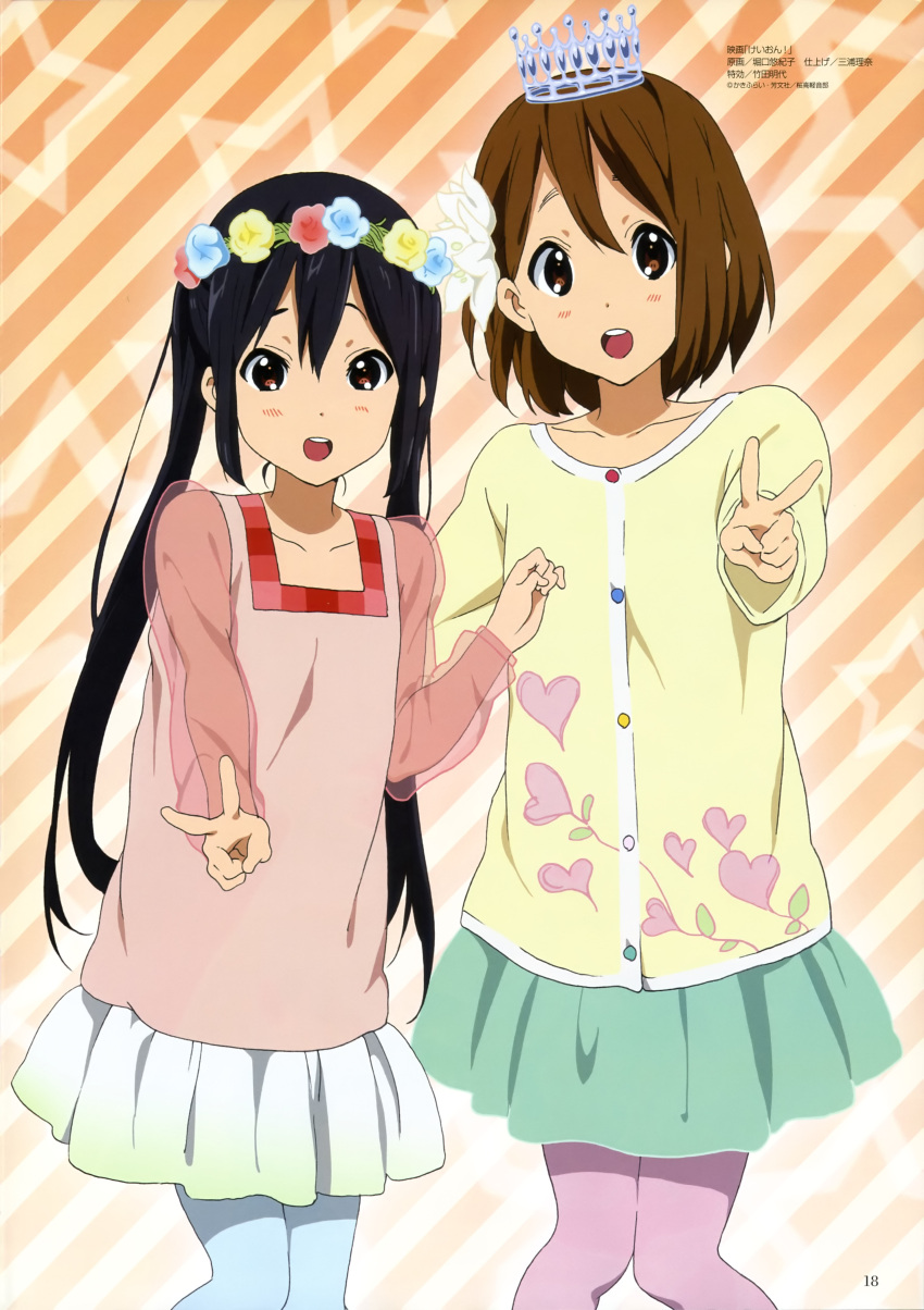 2girls absurdres aqua_pantyhose black_hair brown_eyes brown_hair crown head_wreath highres hirasawa_yui horiguchi_yukiko imageboard_desourced k-on! long_hair magazine_scan megami_magazine multiple_girls nakano_azusa non-web_source official_art open_mouth pantyhose purple_legwear round_teeth scan short_hair teeth twintails v