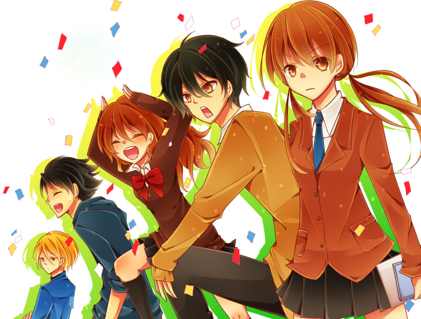 2girls 3boys black_hair blazer blonde_hair book brown_hair commentary_request jacket long_hair mizutani_shizuku multiple_boys multiple_girls natsume_asako necktie sasahara_souhei school_uniform sonoruru3131 tonari_no_kaibutsu-kun twintails yamaguchi_kenji yoshida_haru