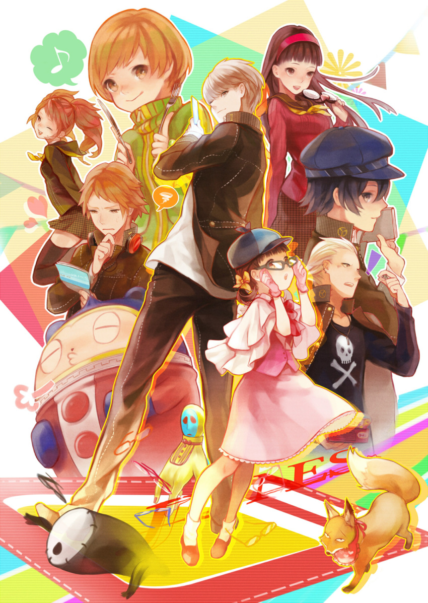 4boys 5girls amagi_yukiko bespectacled black_hair blue_hair brown_eyes brown_hair cabbie_hat capelet card commentary_request cosplay doujima_nanako fork fox glasses grey_hair groucho_glasses hair_ribbon hanamura_yousuke hat headphones highres kitsune_(persona_4) knife kujikawa_rise kuma_(persona_4) long_hair magical_detective_loveline magical_detective_loveline_(cosplay) multiple_boys multiple_girls narukami_yuu neckerchief one_eye_closed pekoo_(pekota) persona persona_4 persona_4_the_animation ribbon satonaka_chie school_uniform serafuku shadow_(persona) shirogane_naoto short_hair smile squiggle tatsumi_kanji twintails