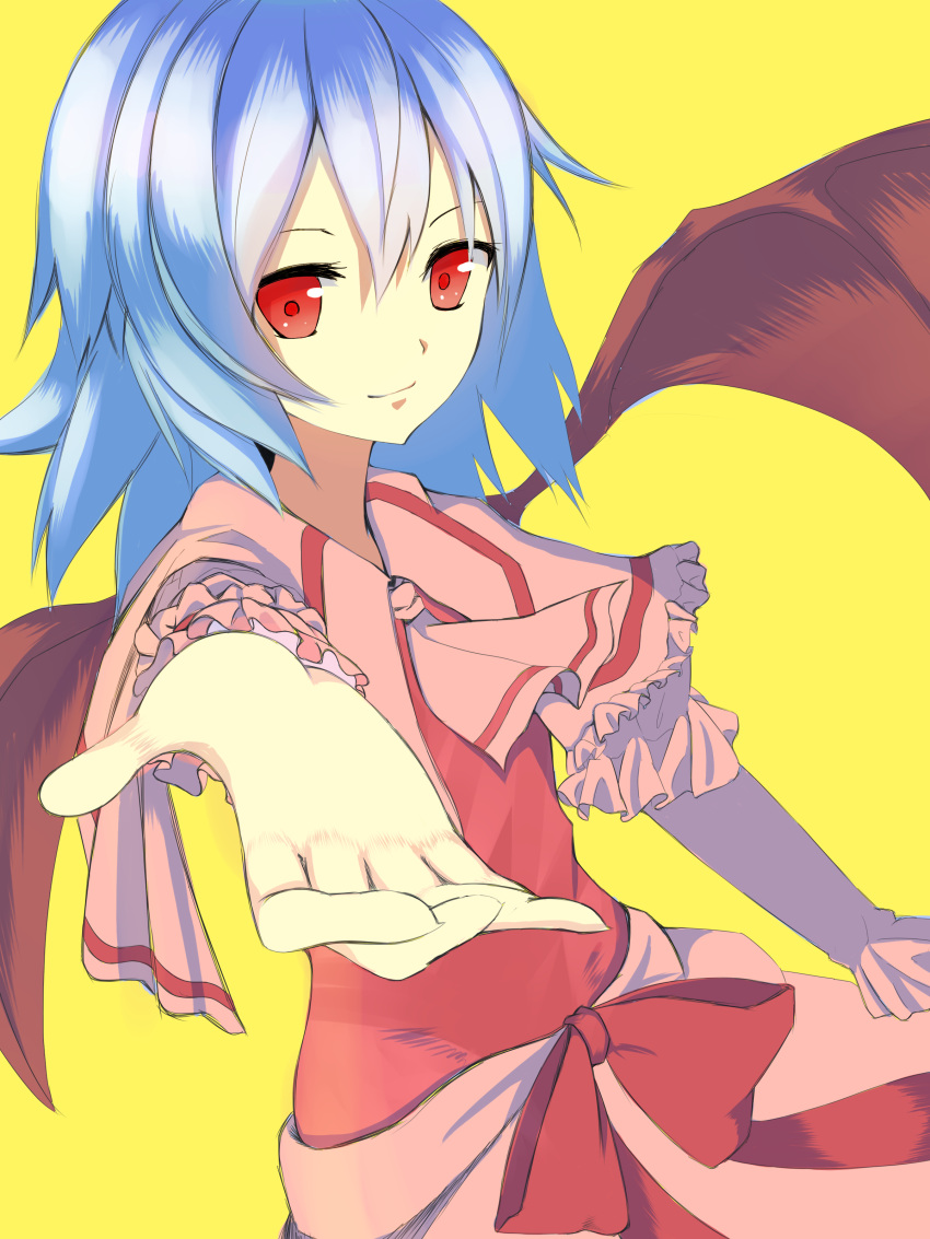 absurdres ascot bad_id bad_pixiv_id bat_wings blue_hair bow capelet commentary_request female foreshortening highres layered_sleeves long_sleeves looking_at_viewer no_headwear outstretched_arm pink_ascot reaching reaching_towards_viewer red_bow red_eyes remilia_scarlet ribbon short_hair short_over_long_sleeves short_sleeves simple_background smile solo touhou tsumayouji_(tumayog) wings yellow_background