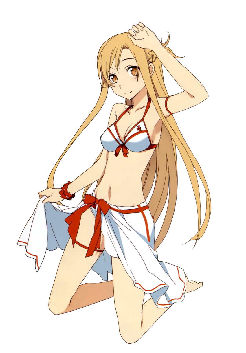 adapted_costume arm_ribbon arm_up asuna_(sao) bad_link bare_legs bare_shoulders barefoot bikini breasts brown_eyes brown_hair bunbun cleavage clothes_lift female full_body highres kneeling knights_of_blood_uniform_(sao) leg_ribbon long_hair long_legs medium_breasts navel ribbon sarong sarong_lift smile solo swimsuit sword_art_online thigh_ribbon transparent_background very_long_hair white_bikini white_sarong