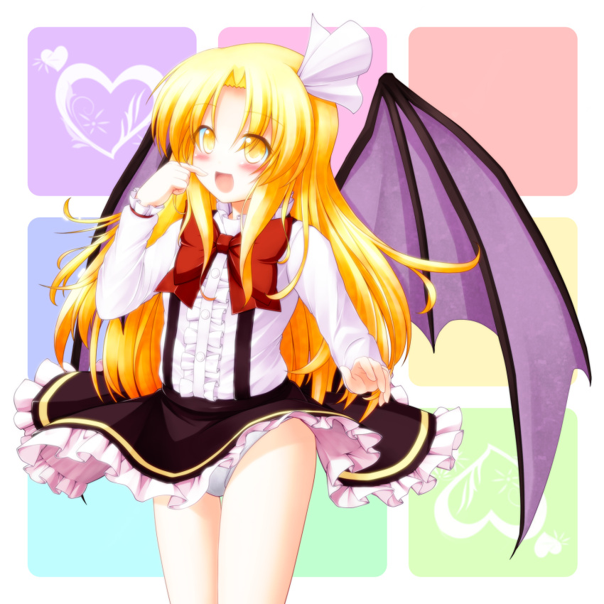 :d aka_tawashi bat_wings blonde_hair blush bow clothes_lift commentary_request female hair_ribbon highres kurumi_(touhou) long_hair md5_mismatch miniskirt open_mouth panties pantyshot photoshop_(medium) purple_wings ribbon skirt skirt_lift smile solo suspender_skirt suspenders touhou touhou_(pc-98) underwear white_panties wings yellow_eyes