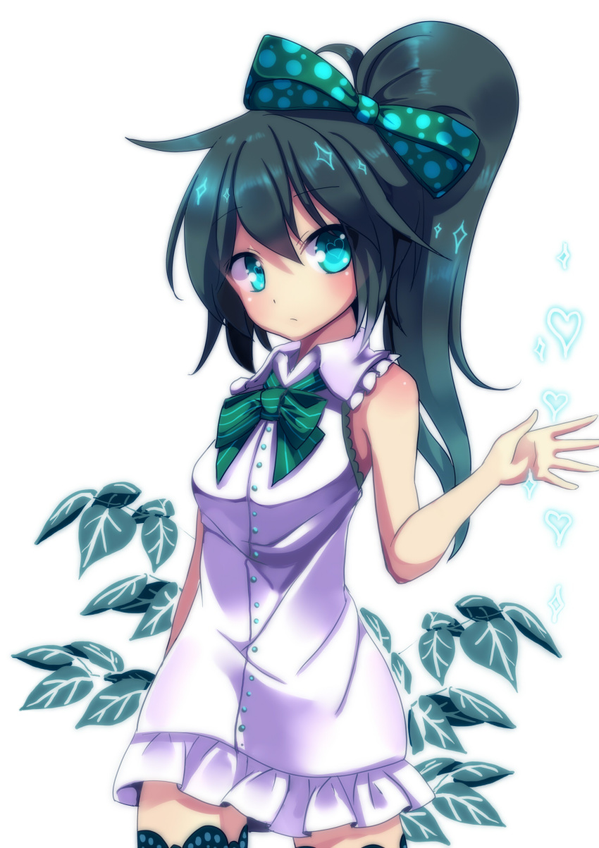 aqua_eyes bad_id bad_nicoseiga_id bare_shoulders black_hair blush bow female hairbow heart heart-shaped_pupils highres holding long_hair looking_at_viewer nyori original ponytail skirt solo sparkle symbol-shaped_pupils thighhighs waving