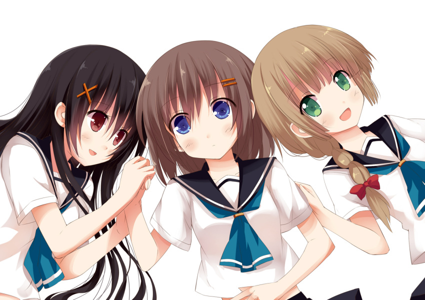 3girls :d bad_id bad_pixiv_id black_hair blue_eyes braid brown_hair green_eyes hair_ornament hair_over_shoulder hairclip holding_hands liong long_hair lying multiple_girls on_back on_side open_mouth original photoshop_(medium) red_eyes school_uniform short_hair simple_background single_braid smile white_background x_hair_ornament