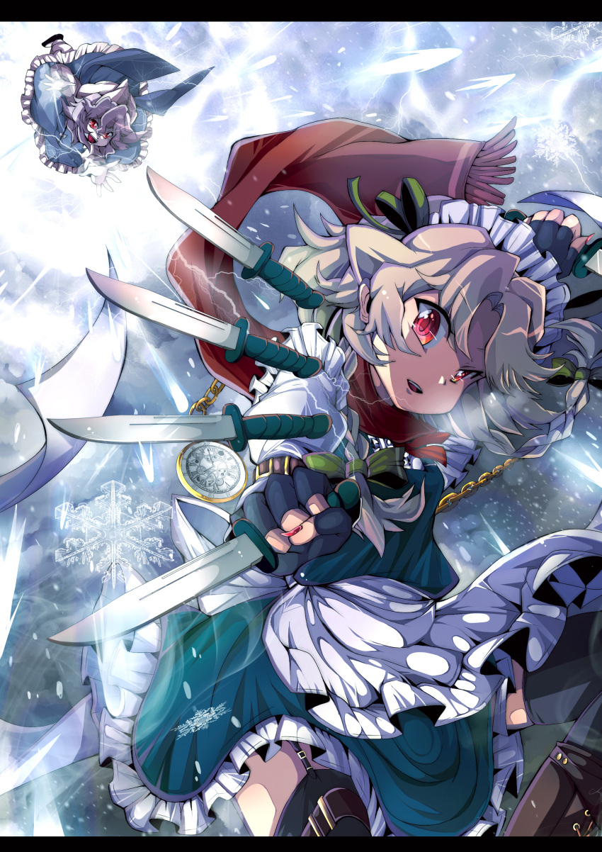 2girls absurdres apron arm_up bad_id bad_pixiv_id black_gloves black_thighhighs blue_dress braid chains danmaku dress fingerless_gloves flying fumiko_(miruyuana) garter_straps gloves grey_hair hair_ribbon hat highres izayoi_sakuya knife letterboxed letty_whiterock maid maid_headdress multiple_girls nail_polish open_mouth outstretched_arms perfect_cherry_blossom photoshop_(medium) pocket_watch red_eyes red_nails red_scarf ribbon scarf short_hair smile snowing thighhighs touhou triangular_headpiece twin_braids waist_apron watch zettai_ryouiki