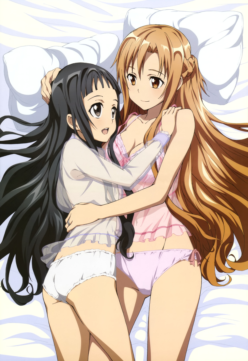 2girls absurdres asuna_(sao) bed_sheet black_hair bow bow_bra bra breasts brown_hair camisole cleavage hand_on_another's_head highres leg_between_thighs lingerie long_hair medium_breasts multiple_girls navel nishiguchi_tomoya nyantype official_art panties pillow pink_bra pink_panties scan see-through side-tie_panties sword_art_online underwear underwear_only very_long_hair white_panties yui_(sao)