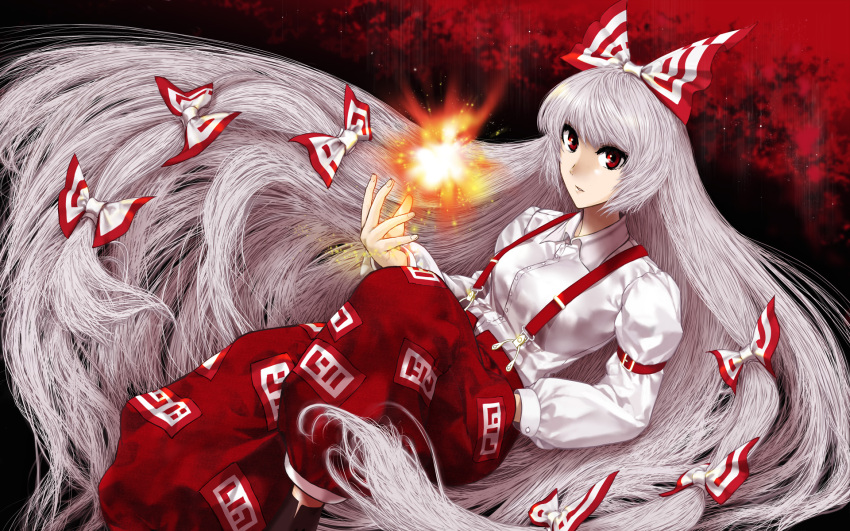 bow buckle commentary_request dress_shirt female fire fujiwara_no_mokou grey_hair hair_ribbon hairbow hand_in_pocket highres long_hair long_sleeves pants photoshop_(medium) puffy_long_sleeves puffy_sleeves red_eyes ribbon shirt solo suspenders touhou tress_ribbon umami_(sakeikura) very_long_hair white_shirt