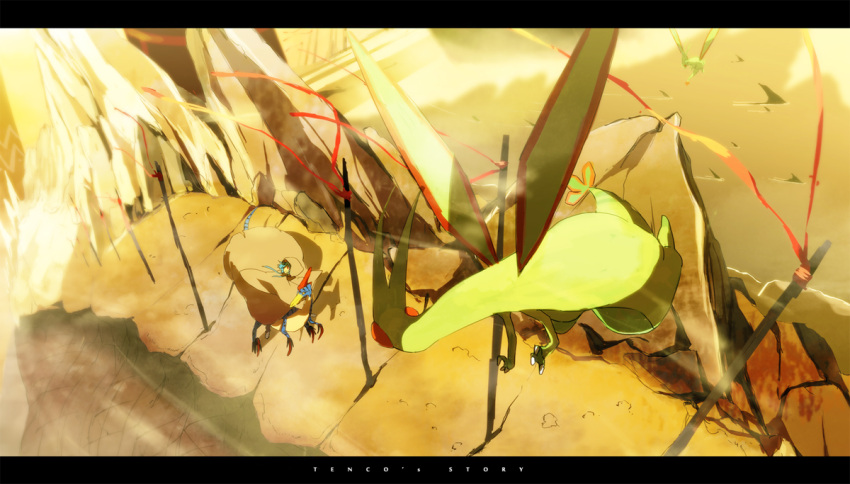 animal blue_hair cloak commentary_request crossover female flygon flying from_above green_wings hinanawi_tenshi jhen_mohran letterboxed monster_hunter_(series) photoshop_(medium) pokemon pokemon_(creature) red_eyes riding riding_pokemon siirakannu tenco's_story touhou velocidrome wings