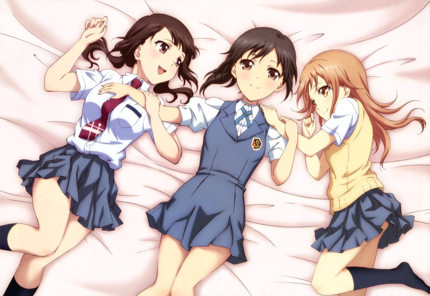 3girls absurdres brown_eyes brown_hair highres imageboard_desourced kawaguchi_chisato legs long_hair lying miyamoto_konatsu multiple_girls necktie non-web_source nyantype official_art okita_sawa on_back on_side orange_eyes sakai_wakana scan school_uniform skirt smile socks tari_tari twintails