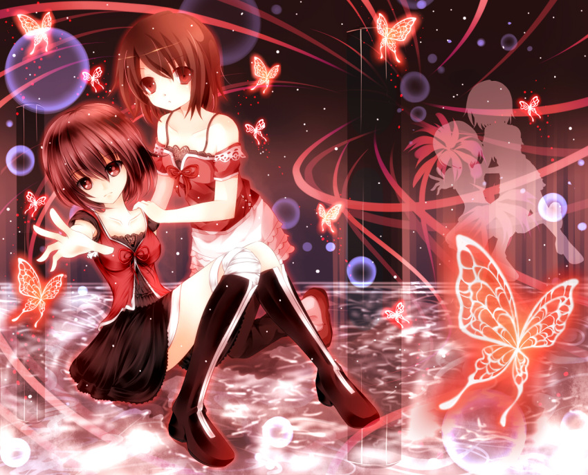 2girls amakura_mayu amakura_mio bandages bare_shoulders blouse boots brown_hair bug butterfly commentary_request fatal_frame knee_boots loafers mogu_(au1127) multiple_girls red_eyes shirt shoes short_hair siblings sisters skirt