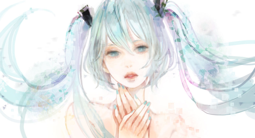 aqua_eyes aqua_hair bad_id bad_pixiv_id bare_shoulders female floating_hair hatsune_miku long_hair miya_(akatabi_dante) nail_polish portrait solo twintails vocaloid