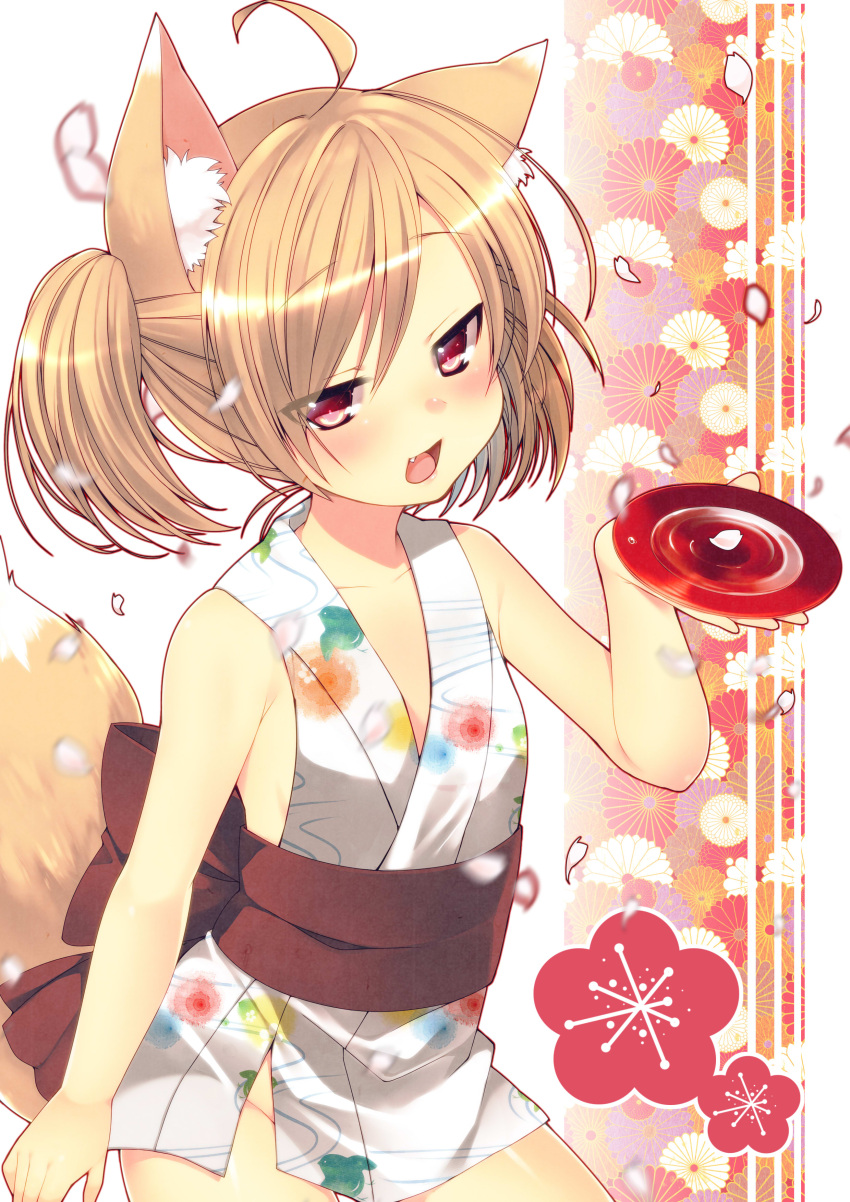 :d absurdres ahoge animal_ears bare_shoulders blonde_hair blush bottomless chrysanthemum commentary_request cup dancho_(dancyo) female flower fox_ears fox_tail highres holding japanese_clothes long_hair looking_at_viewer no_panties obi oerba_yun_fang open_mouth original petals red_eyes revision sakazuki sash smile solo tail twintails