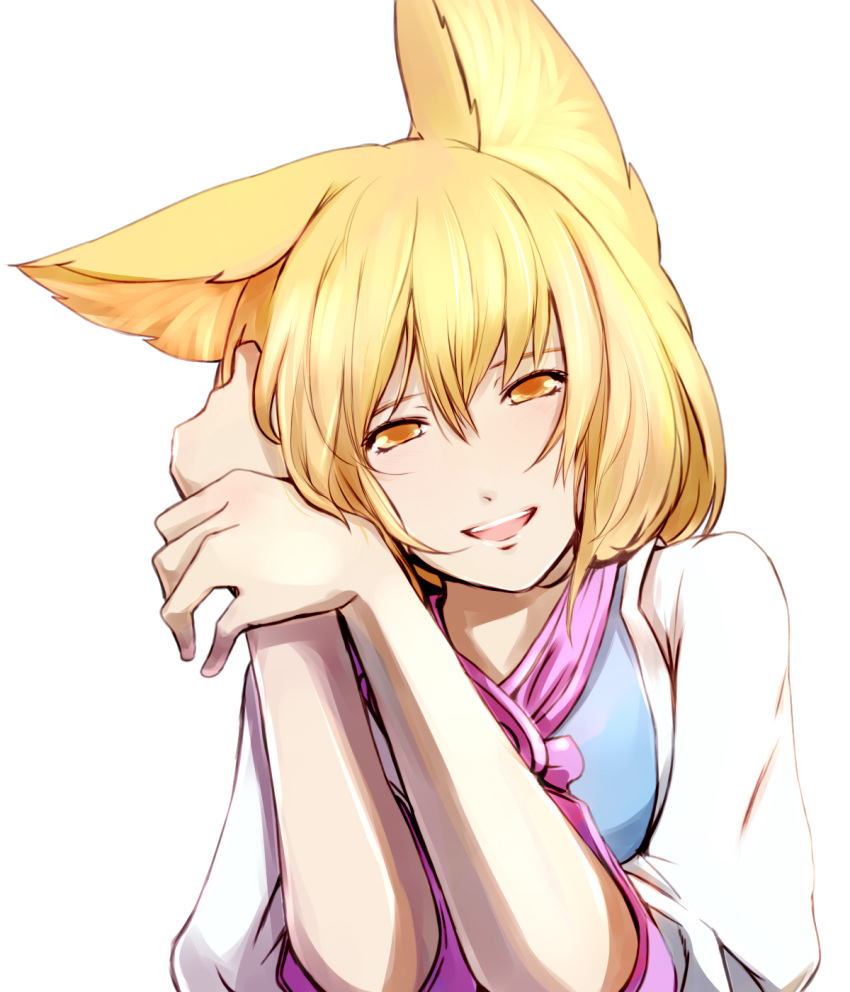 animal_ears blonde_hair blush commentary_request dearmybrothers female fox_ears highres looking_at_viewer no_headwear open_mouth short_hair simple_background smile solo touhou upper_body white_background yakumo_ran yellow_eyes