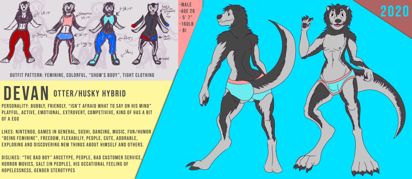 absurd_res canid canine canis devan digital_media_(artwork) domestic_dog dragonwithgames english_text femboy full-length_portrait hi_res husky hybrid mammal model_sheet mustelid nordic_sled_dog otter portrait solo spitz text