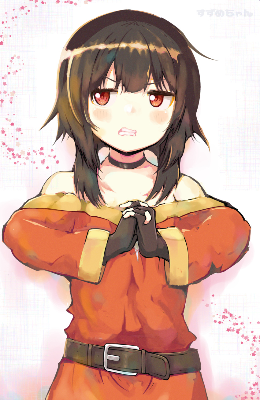 absurdres amasuzume angry belt black_gloves black_hair blush choker clenched_teeth cracking_knuckles dress female fingerless_gloves gloves highres interlocked_fingers kono_subarashii_sekai_ni_shukufuku_wo! looking_at_viewer megumin red_dress red_eyes short_hair_with_long_locks solo teeth