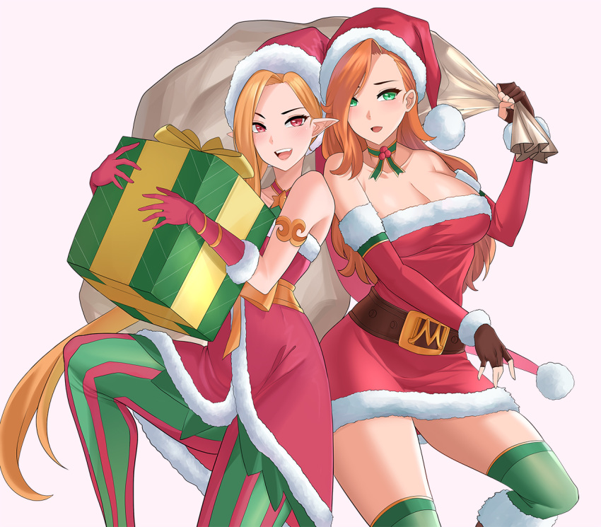 2girls alternate_costume ambitious_elf_jinx aori_sora arm_warmers armband bag belt blonde_hair box breasts brown_gloves buckle candy_cane_miss_fortune choker christmas cleavage commentary dress english_commentary feet_out_of_frame fingerless_gloves fur-trimmed_dress fur-trimmed_gloves fur_trim gift gift_box gloves green_choker green_eyes green_pantyhose green_socks hair_over_one_eye hat holding holding_bag holding_gift jinx_(league_of_legends) large_breasts league_of_legends looking_at_viewer miss_fortune_(league_of_legends) multiple_girls open_mouth over-kneehighs pantyhose parted_bangs photoshop_(medium) pink_background pointy_ears red_eyes red_hair santa_costume santa_gloves santa_hat simple_background socks standing strapless strapless_dress striped_clothes striped_pantyhose teeth thighhighs upper_teeth_only vertical-striped_clothes vertical-striped_pantyhose