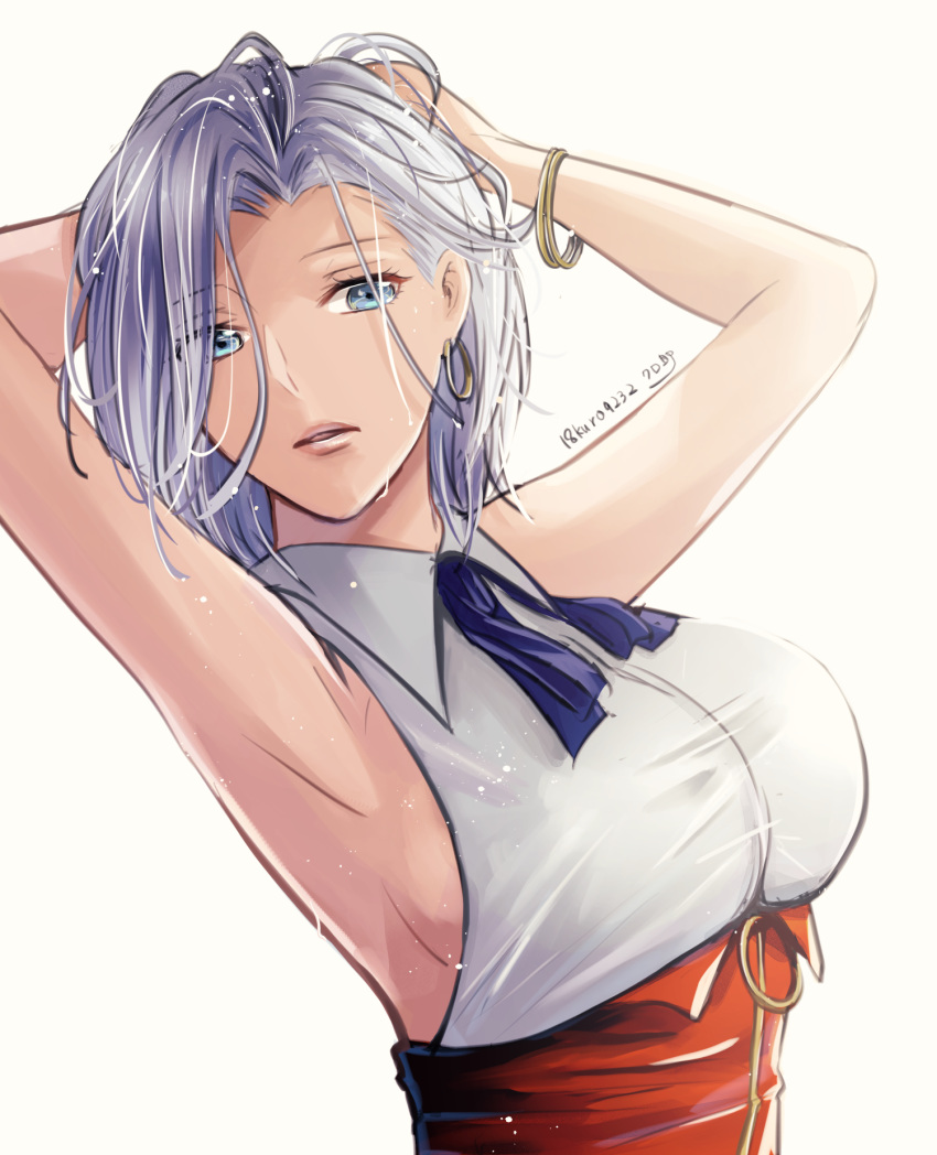 anastasia_palma armpits arms_behind_head blue_eyes bow bracelet breasts earrings female highres hoop_earrings jewelry kurosuke_(kun9232) large_breasts sakura_taisen shin_sakura_taisen short_hair sleeveless tan upper_body white_hair