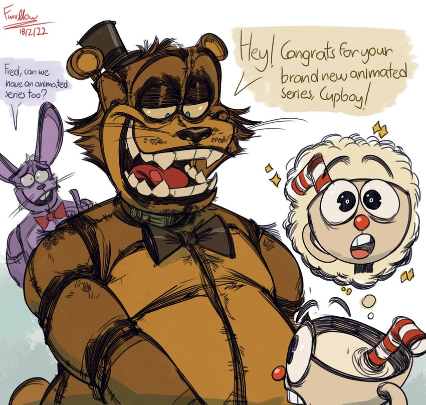 2022 amazed animate_inanimate anthro bear bonnie_(fnaf) bow_tie clothed clothing congratulations container crossover cup cuphead_(character) cuphead_(game) dialogue digital_media_(artwork) english_text exclamation_point five_nights_at_freddy's for_a_head freddy_(fnaf) furrllow group happy humanoid lagomorph leporid male mammal object_head open_mouth question_mark rabbit scottgames sharp_teeth smile teeth text tongue trio