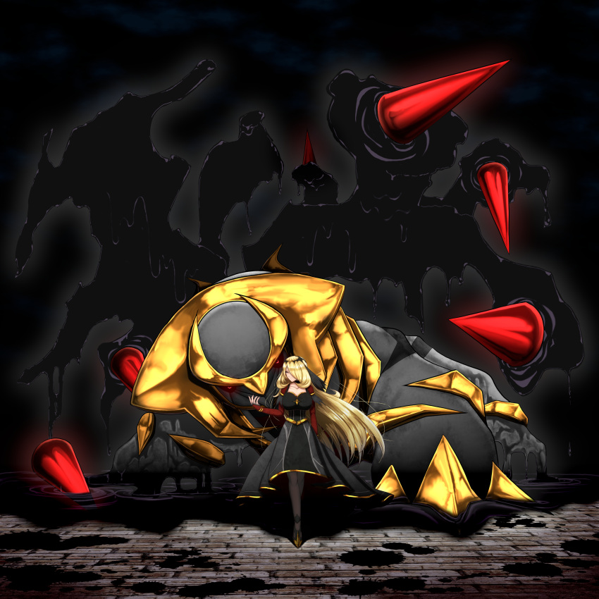 absurdres bad_id bad_pixiv_id blonde_hair cynthia_(pokemon) cynthia_(sygna_suit)_(renegade)_(pokemon) dark_background dress female giratina glowing glowing_eyes highres hitofudegaki_usagi long_hair official_alternate_costume pokemon pokemon_(creature) pokemon_masters_ex red_eyes tiara very_long_hair wings