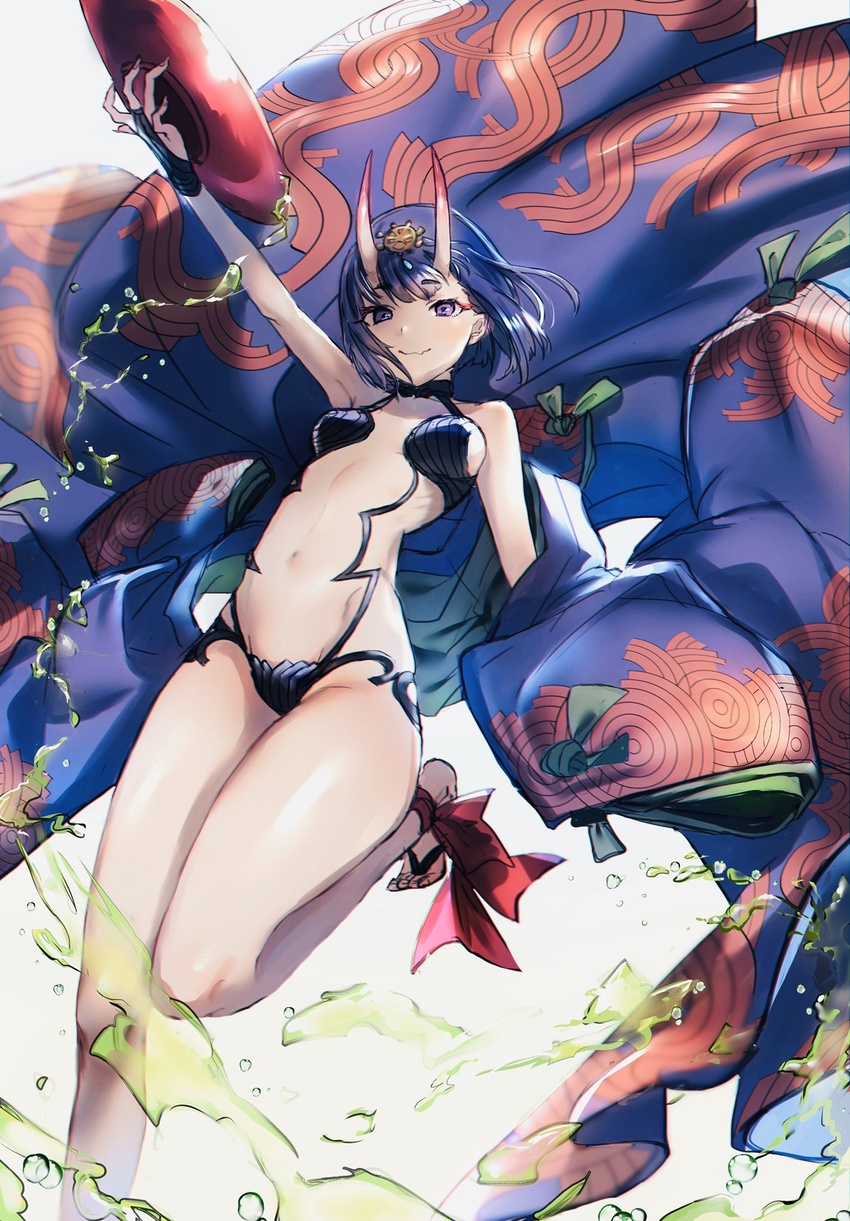 alcohol arm_up bare_shoulders barefoot barefoot_sandals_(jewelry) blush bob_cut breasts bridal_gauntlets closed_mouth collarbone eyeliner fate/grand_order fate_(series) feet female headpiece highres horns japanese_clothes katase_bono kimono long_sleeves looking_at_viewer makeup navel oni open_clothes open_kimono purple_eyes purple_hair purple_kimono revealing_clothes sake short_eyebrows short_hair shuten_douji_(fate) simple_background skin-covered_horns small_breasts smile solo thighs white_background wide_sleeves