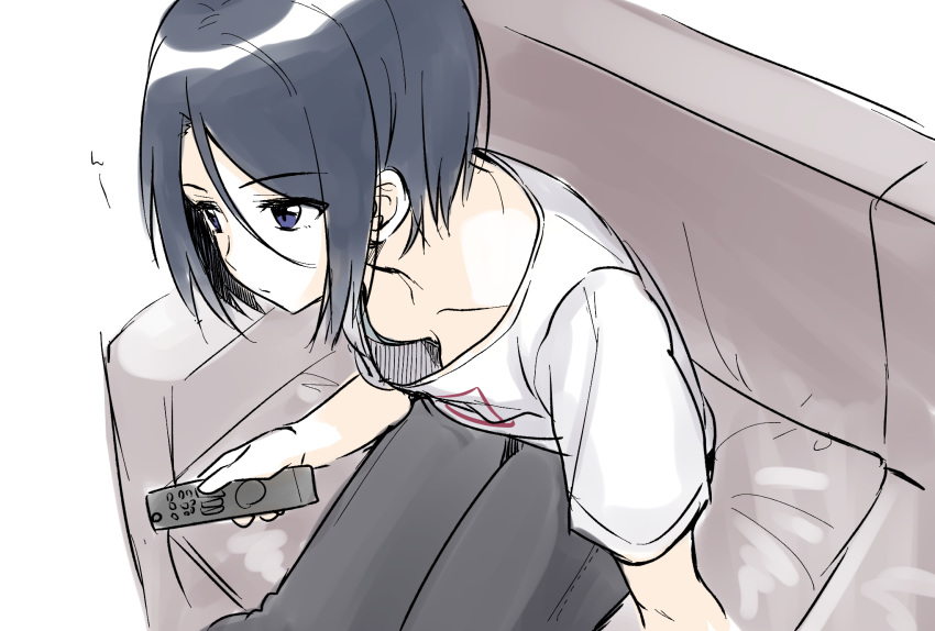 bad_id bad_pixiv_id black_hair black_pants breasts closed_mouth collarbone commentary_request controller couch downblouse female hair_between_eyes highres holding ichiren_namiro jun_(princess_connect!) jun_(real)_(princess_connect!) looking_away pants parted_bangs princess_connect! purple_eyes remote_control shirt short_hair short_sleeves small_breasts solo white_background white_shirt