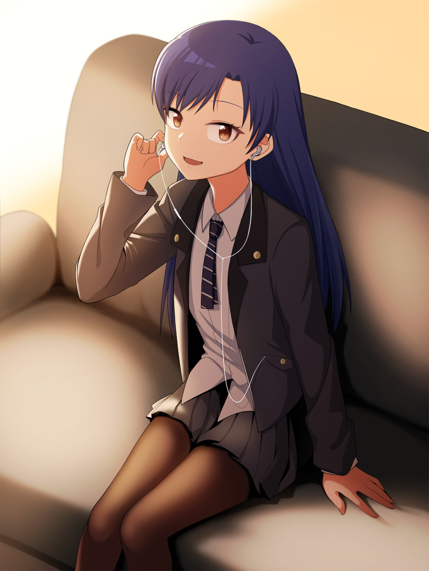 black_legwear blue_hair commentary_request earbuds earphones female flat_chest headphones highres idolmaster idolmaster_million_live! jacket kisaragi_chihaya long_hair pantyhose school_uniform shirt skirt very_long_hair xion_(pulilulu)