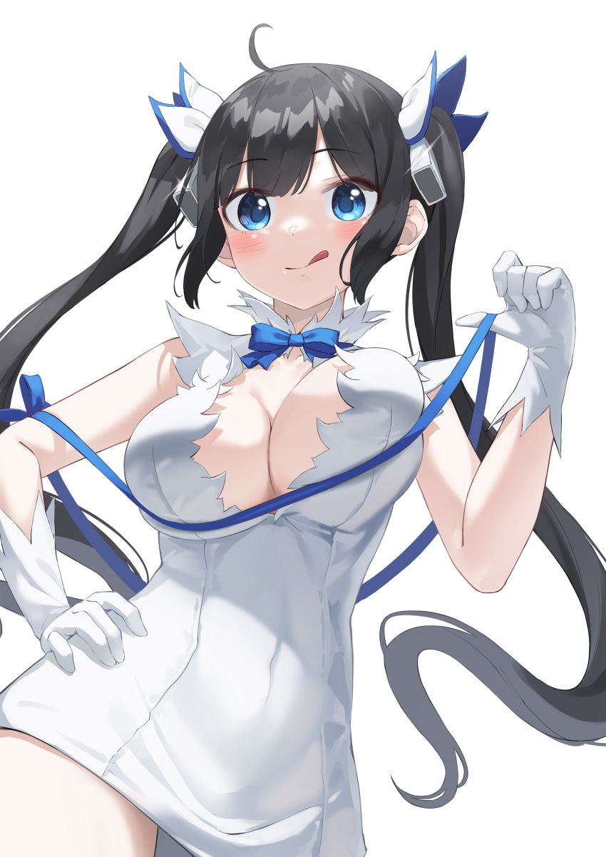 :q absurdres ahoge bare_arms bare_shoulders black_hair blue_eyes blue_ribbon bow bowtie breasts cleavage closed_mouth covered_navel cowboy_shot dress dungeon_ni_deai_wo_motomeru_no_wa_machigatteiru_darou_ka female gloves hair_ornament hand_on_own_hip hand_up hestia_(danmachi) highres kimyo large_breasts long_hair looking_at_viewer no_bra rei_no_himo ribbon short_dress sidelocks sleeveless sleeveless_dress smile solo tongue tongue_out twintails very_long_hair white_dress white_gloves