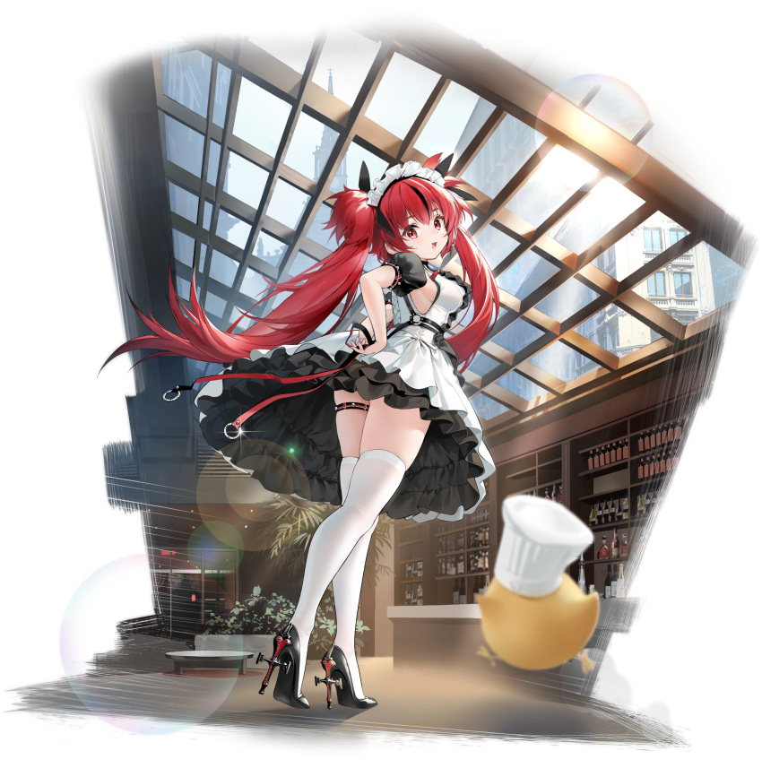 azur_lane black_footwear female full_body high_heels highres indoors long_hair looking_at_viewer maid maid_headdress manjuu_(azur_lane) official_alternate_costume official_art open_mouth pavapo red_eyes red_hair skindentation thigh_strap thighhighs transparent_background twintails u-1206_(azur_lane) u-1206_(maid_just_for_you)_(azur_lane) white_thighhighs