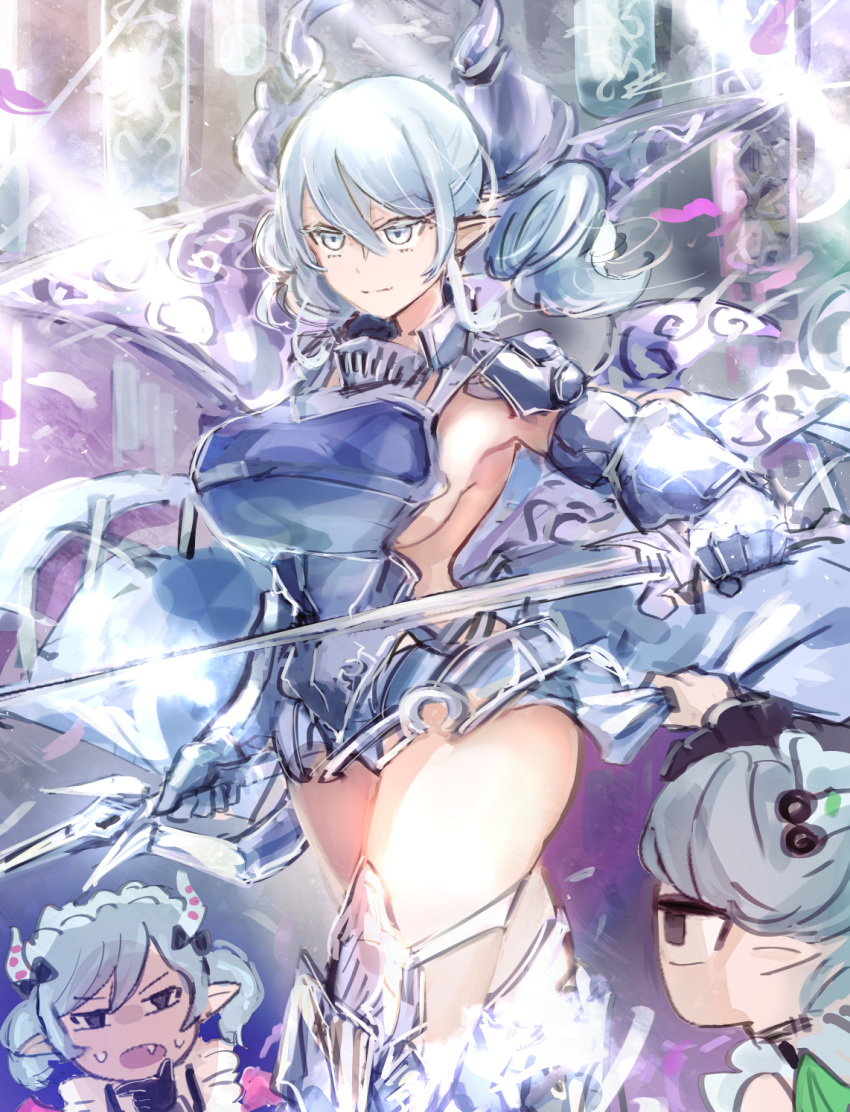 3girls arianna_the_labrynth_servant arianne_the_labrynth_servant armor armored_dress breasts clothes_lift demon_girl demon_wings dual_wielding duel_monster expressionless female_pervert gauntlets grey_eyes hatano_kiyoshi highres holding holding_sword holding_weapon lady_labrynth_of_the_silver_castle lovely_labrynth_of_the_silver_castle maid multiple_girls multiple_weapons no_bra pervert siblings sideboob sideless_outfit skirt skirt_lift sword twins weapon white_hair wings yu-gi-oh!