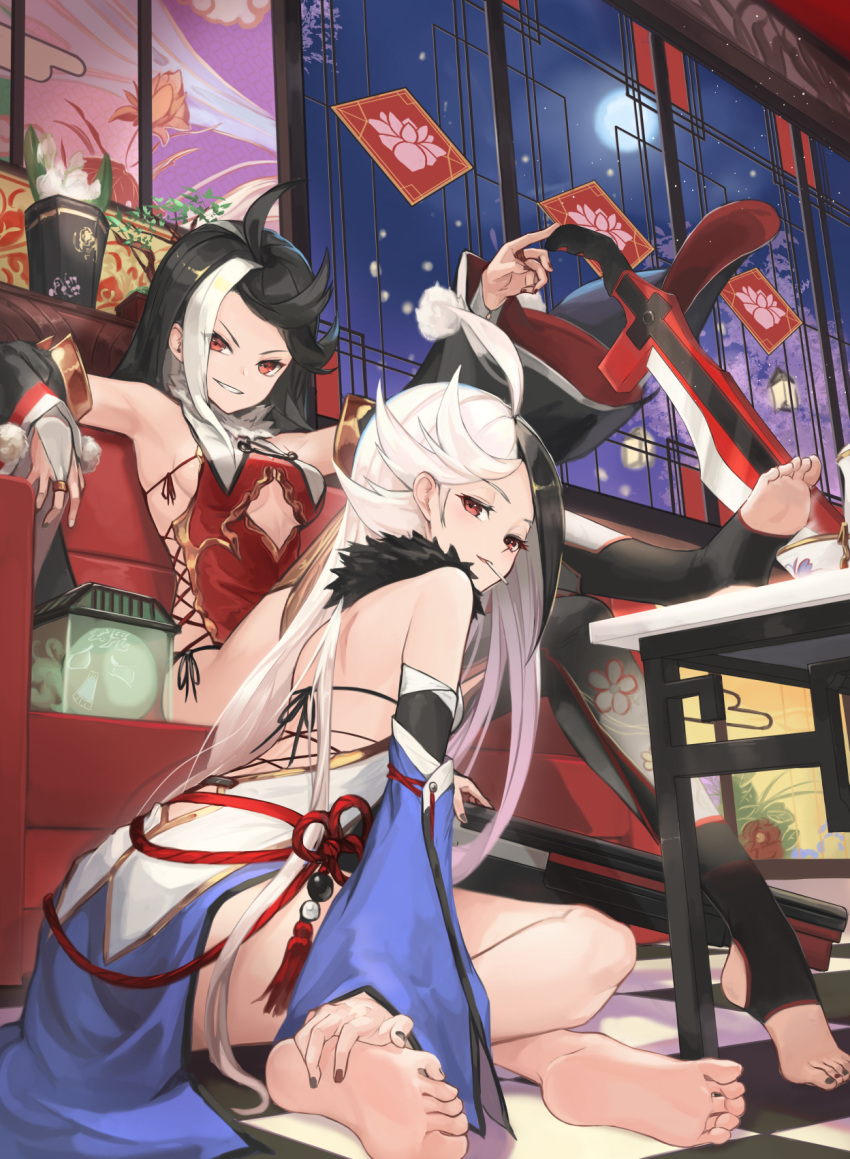 2girls ahoge back bad_id bad_twitter_id bare_shoulders barefoot black_hair black_legwear black_nails bridal_gauntlets character_request checkered_floor commission dress feet feet_on_table foot_focus full_moon fur_collar hands_on_feet hei_bai_wuchang highres hijinrui_gakuen holding_own_foot indoors leg_up long_hair long_sleeves looking_at_viewer moon multicolored_hair multiple_girls nail_polish night red_dress red_eyes sitting skeb_commission smile soles stirrup_legwear streaked_hair taba_comya thighhighs toeless_legwear toenail_polish toenails toes two-tone_hair very_long_hair weapon white_dress white_hair wide_sleeves window