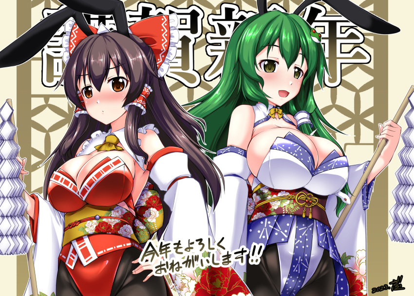 2girls adapted_costume alternate_costume animal_ears ascot black_pantyhose blush bow breasts brown_eyes brown_hair commentary_request detached_collar detached_sleeves embarrassed fake_animal_ears frilled_bow frilled_hair_tubes frills frog frog_hair_ornament gohei gonzaburo green_eyes green_hair hair_ornament hair_tubes hairbow hakurei_reimu highres japanese_clothes kochiya_sanae large_breasts leotard long_hair long_sleeves medium_hair miko multiple_girls pantyhose partial_commentary playboy_bunny rabbit_ears red_bow red_leotard sash smile snake snake_hair_ornament strapless strapless_leotard touhou upper_body white_leotard wide_sleeves yellow_ascot