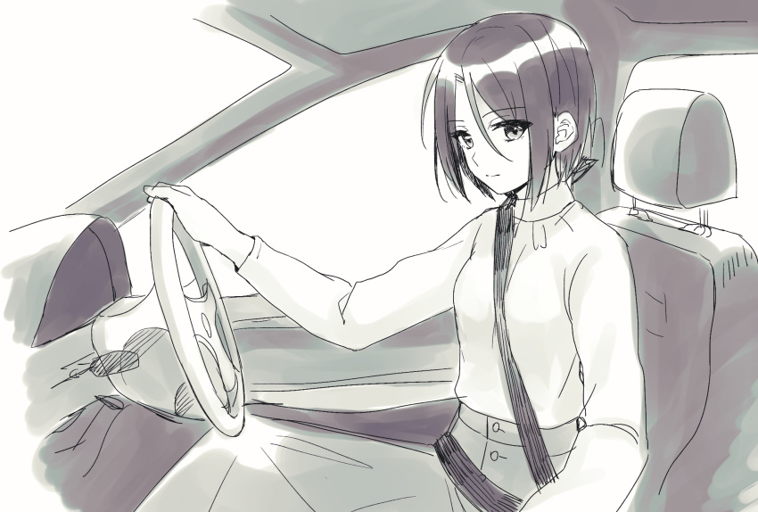 bad_id bad_pixiv_id breasts car_interior closed_mouth commentary_request driving eyes_visible_through_hair female from_side greyscale hair_between_eyes highres ichiren_namiro jun_(princess_connect!) jun_(real)_(princess_connect!) light_smile long_skirt long_sleeves looking_at_viewer monochrome parted_bangs princess_connect! seatbelt shirt short_hair skirt small_breasts solo