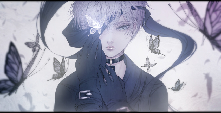 1boy 9s_(nier:automata) animal bad_id bad_pixiv_id bishounen black_gloves blindfold blindfold_slip blue_eyes blurry buckle bug butterfly choker depth_of_field duplicate eyelashes falling_feathers feathers gloves hand_on_own_face highres letterboxed male_focus nier:automata nier_(series) one_eye_covered pale_skin pixel-perfect_duplicate satsuki_kei solo upper_body white_hair