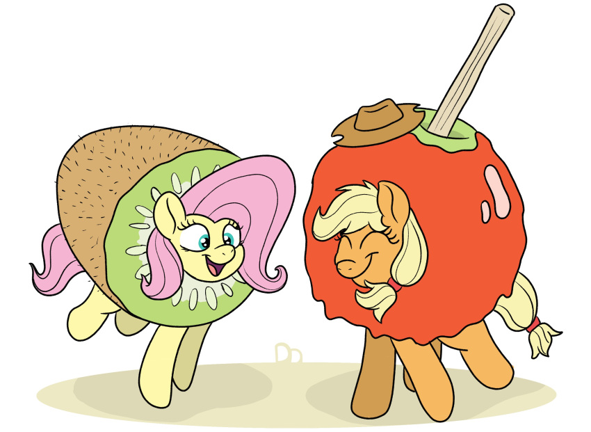 apple apple_costume applejack_(mlp) candy candy_apple candy_apple_costume clothing costume dessert doodledonut duo equid equine female female/female feral fluttershy_(mlp) food food_costume friendship_is_magic fruit hi_res horse kigtoons kiwifruit kiwifruit_costume mammal my_little_pony plant pony