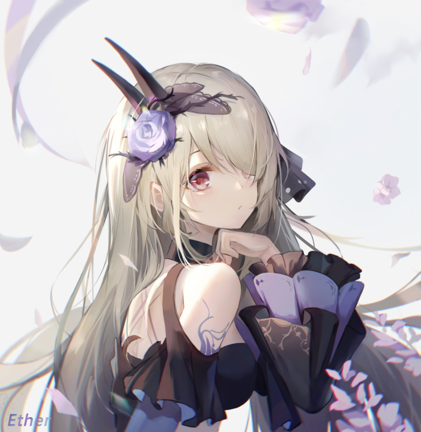 &ether artist_name back_tattoo bare_shoulders black_choker blue_flower blue_rose blush breasts brown_hair choker closed_mouth commentary_request detached_sleeves female flower frilled_sleeves frills from_side hair_flower hair_ornament hair_over_one_eye highres honkai_(series) honkai_impact_3rd horns long_hair long_sleeves looking_at_viewer looking_to_the_side medium_breasts petals photoshop_(medium) purple_flower red_eyes rita_rossweisse rose shoulder_tattoo solo tattoo upper_body very_long_hair