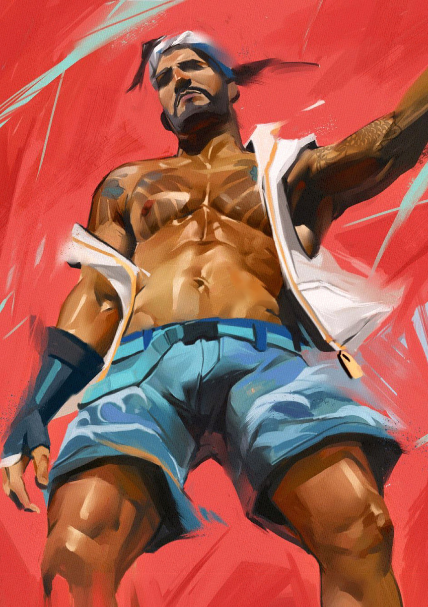 1boy abs arm_tattoo bara bare_pectorals blue_male_swimwear chest_tattoo dark-skinned_male dark_skin feet_out_of_frame from_below hanzo_(overwatch) highres jinhallz large_pectorals male_focus male_swimwear muscular muscular_male navel nipples off_shoulder official_alternate_costume open_clothes open_shirt overwatch overwatch_1 pectorals shirt short_hair sleeveless sleeveless_shirt solo standing stomach swim_trunks tattoo