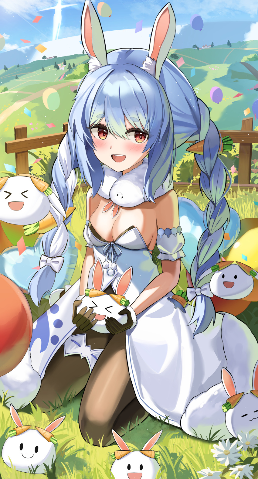 absurdres animal_ear_fluff animal_ears black_leotard blue_hair blush bow braid breasts brown_pantyhose carrot_hair_ornament coat coat_dress day detached_sleeves don-chan_(usada_pekora) dress female food-themed_hair_ornament fur-trimmed_coat fur_trim hair_between_eyes hair_ornament hairbow highres hololive iv_(iv70311741) leotard leotard_under_clothes long_hair looking_at_viewer medium_breasts multicolored_hair open_mouth orange_eyes outdoors pantyhose pekomon_(usada_pekora) puffy_detached_sleeves puffy_short_sleeves puffy_sleeves rabbit-shaped_pupils rabbit_ears rabbit_girl short_eyebrows short_sleeves sidelocks sitting smile solo strapless strapless_dress strapless_leotard symbol-shaped_pupils thick_eyebrows twin_braids twintails two-tone_hair usada_pekora usada_pekora_(1st_costume) virtual_youtuber white_bow white_coat white_hair white_sleeves