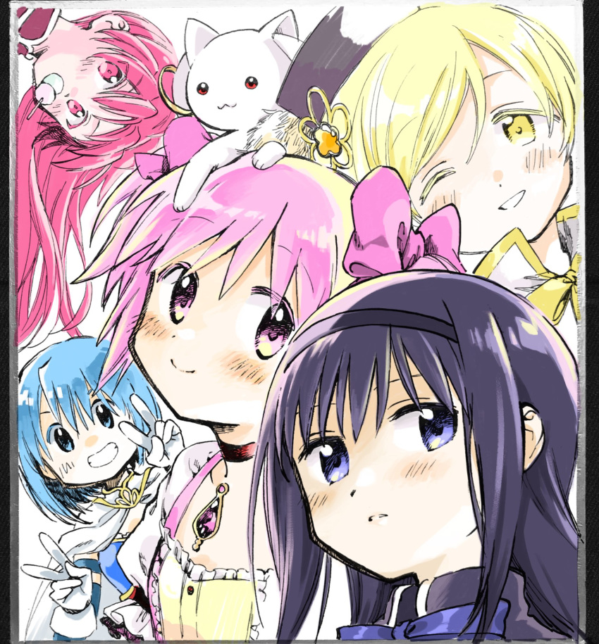 5girls :3 akemi_homura akemi_homura_(magical_girl) beret black_hair black_hairband black_headwear blonde_hair blue_eyes blue_hair blunt_bangs blush breasts cape choker clenched_teeth close-up closed_mouth collared_shirt commentary_request creature creature_on_head dango dot_nose double_v expressionless eyes_visible_through_hair food food_in_mouth frilled_sleeves frills gloves hair_between_eyes hair_ribbon hairband happy hat head_tilt highres kaname_madoka kaname_madoka_(magical_girl) kyuubee leaning leaning_to_the_side long_hair looking_away magical_girl mahou_shoujo_madoka_magica mahou_shoujo_madoka_magica_(anime) miki_sayaka miki_sayaka_(magical_girl) multiple_girls neck_ribbon no+bi= no_nose one_eye_closed parted_lips pink_eyes pink_hair pink_ribbon puffy_short_sleeves puffy_sleeves purple_eyes purple_ribbon red_choker red_eyes red_hair red_ribbon ribbon sakura_kyoko sakura_kyoko_(magical_girl) sanshoku_dango shikishi shirt short_hair short_sleeves short_twintails sidelocks simple_background small_breasts smile soul_gem straight_hair strapless teeth tomoe_mami tomoe_mami_(magical_girl) twintails upper_body upside-down v wagashi white_background white_cape white_gloves wide-eyed yakitori yellow_eyes yellow_ribbon